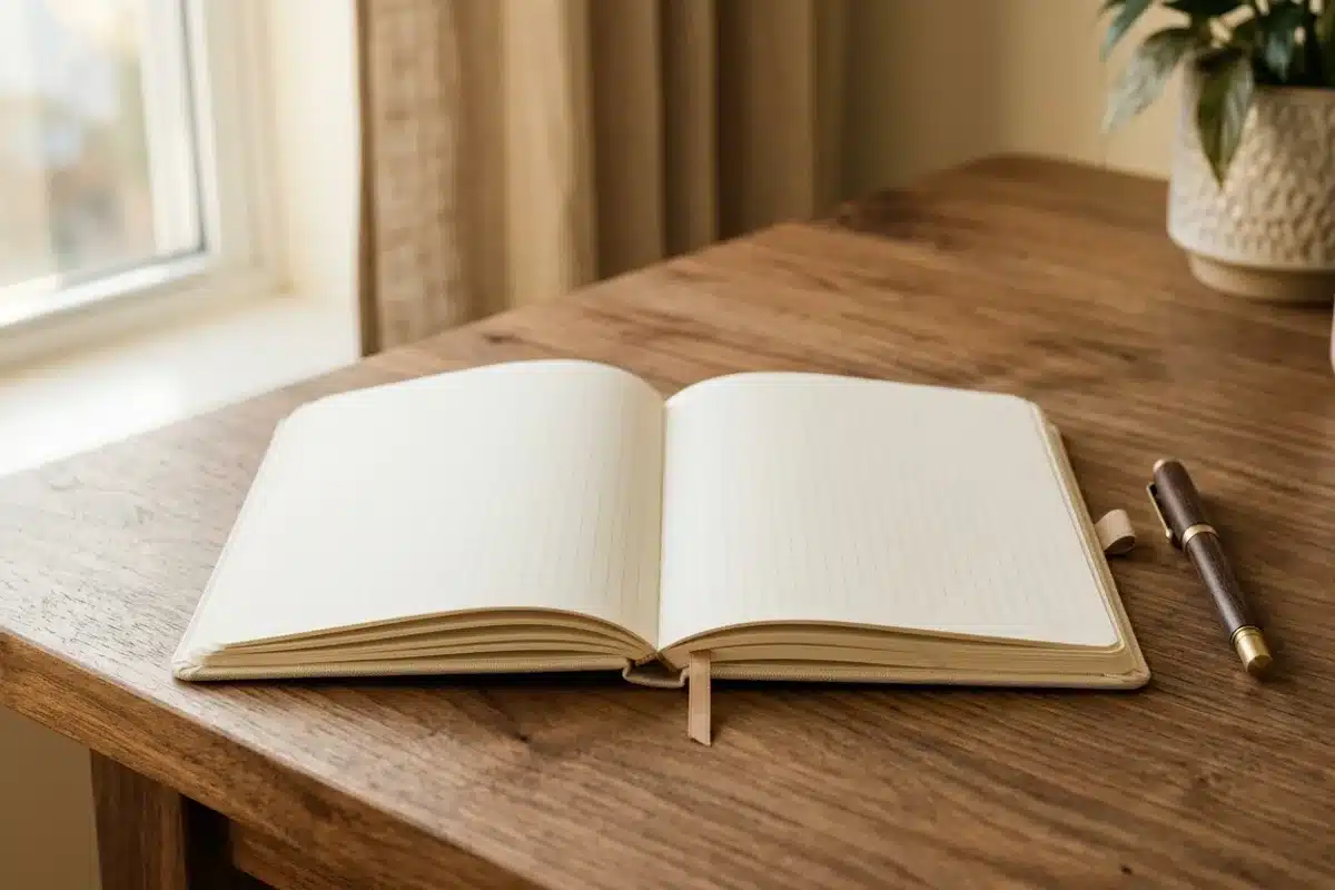 Carnet de notes ouvert sur une table avec un stylo