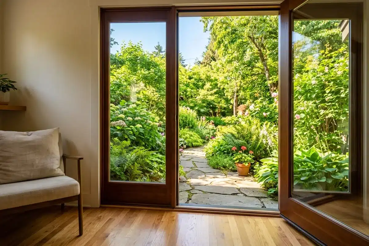 Porte ouverte donnant sur un jardin ensoleillé symbolisant l'accompagnement thérapeutique