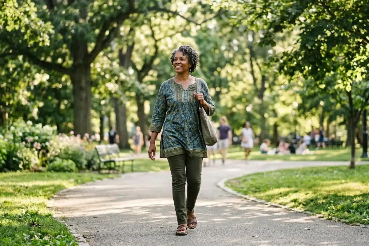 Femme libérée de la douleur marchant dans un parc ensoleillé