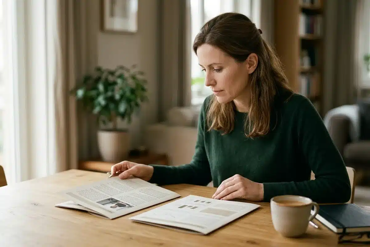 Choisir entre EMDR et RITMO : les critères pour décider Personne réfléchissant devant des documents ouverts, illustrant le choix entre les méthodes EMDR et RITMO en thérapie brève