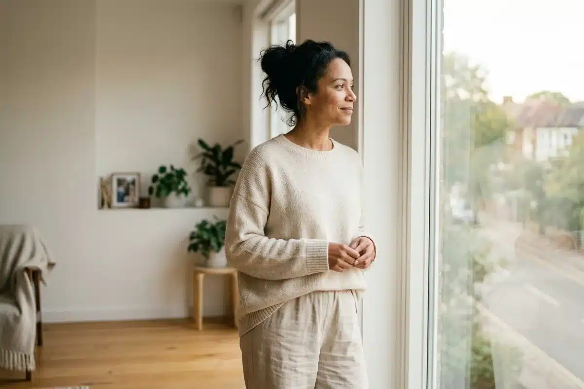 EMDR RITMO : retraitement du traumatisme et plasticité cérébrale Femme regardant par une grande fenêtre lumineuse, symbolisant la clarté mentale après un retraitement émotionnel