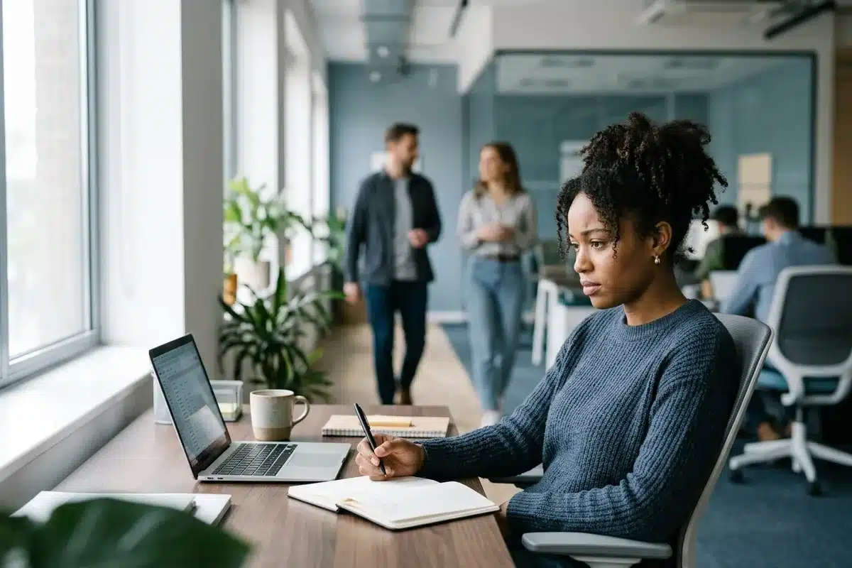 Femme anxieuse dans un open space professionnel, manifestation de la scopophobie au travail