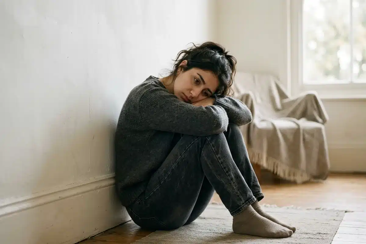 Personne assise par terre, dos au mur, expression douce d'anxiété liée à la zoophobie