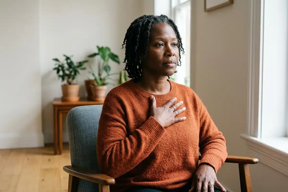 Femme pratiquant la cohérence cardiaque, main posée sur la poitrine, yeux ouverts